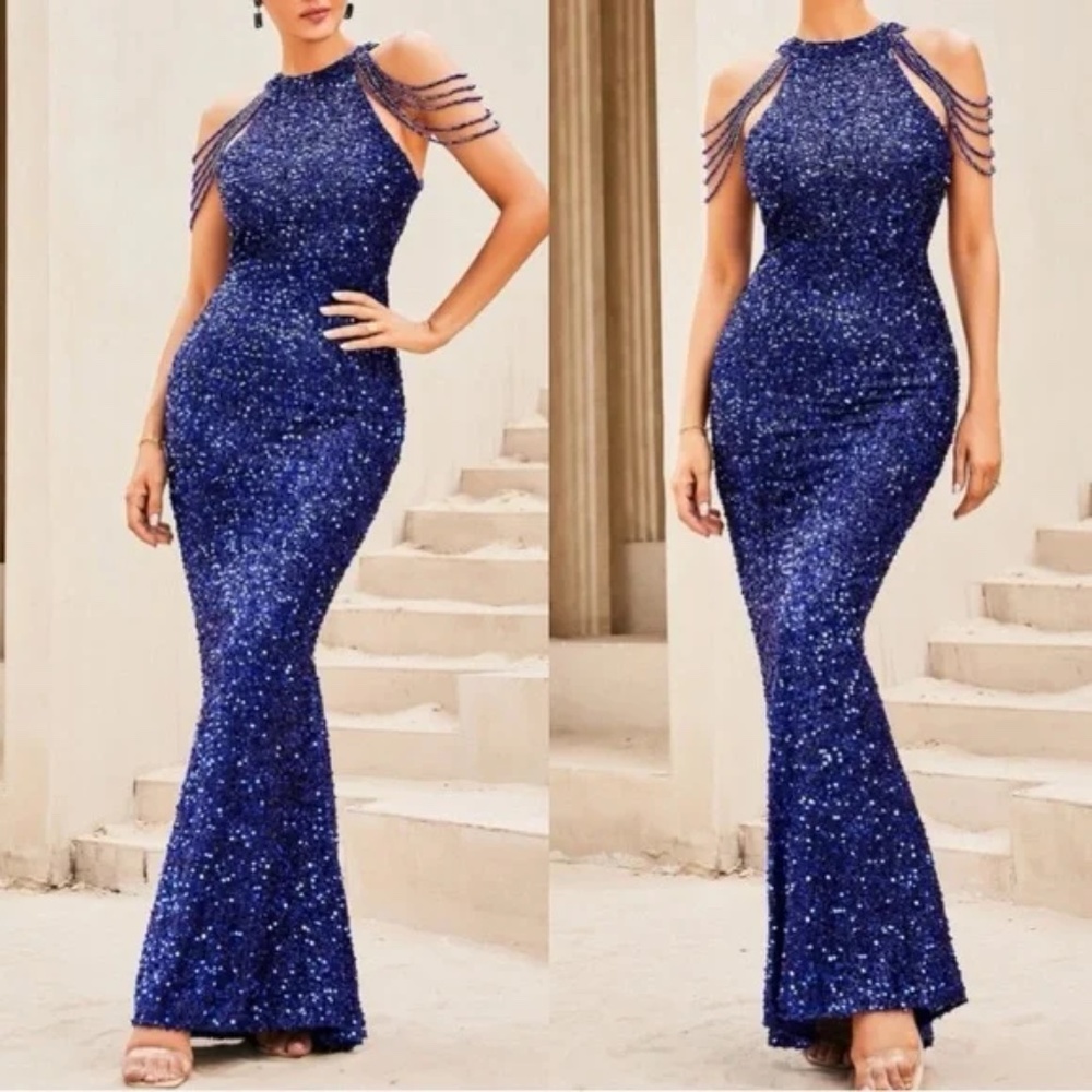 Plus Sequin Rhinestone Halter Formal Black Tie Wedding Dress